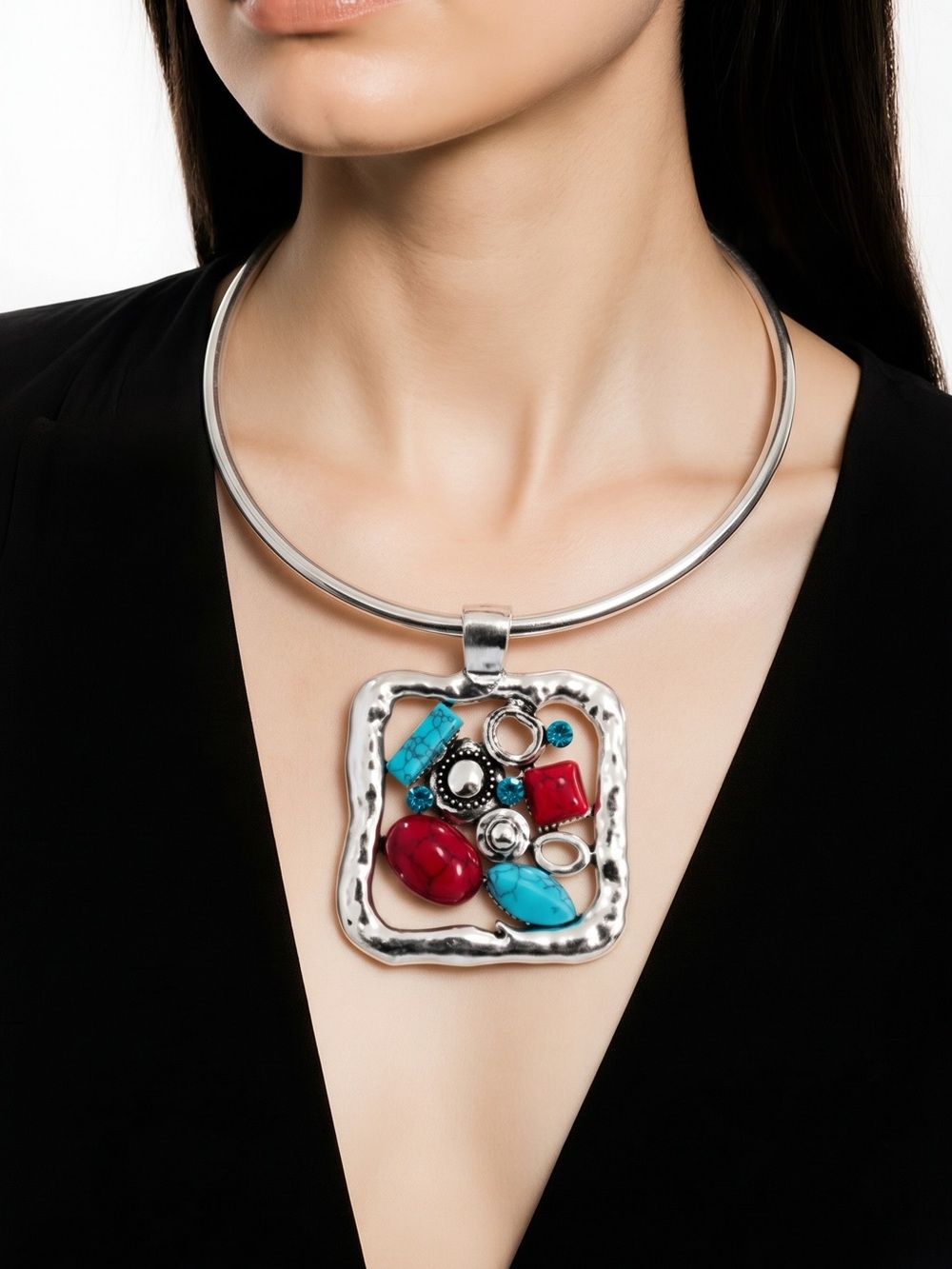 Silver Statement Necklace with Red and Turquoise Pendant